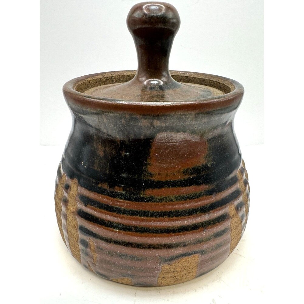 Hand Crafted Art Studio Pottery Drip Lidded Jar Signed Vintage Stoneware
